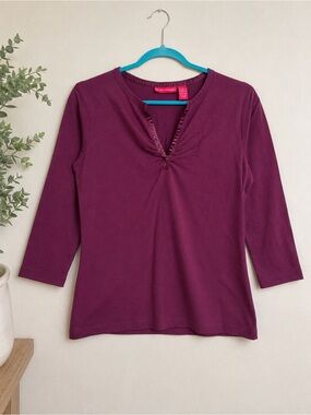 Classic Cotton Plum 3/4 Sleeve V-Neck Casual Office Basic Top Small